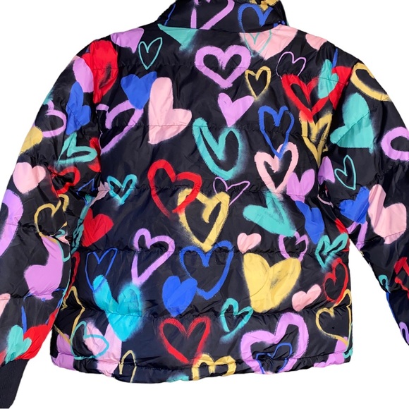 Wild Fable Womens Puff Jacket Black with Multicolor Hearts NEW - Picture 2 of 8